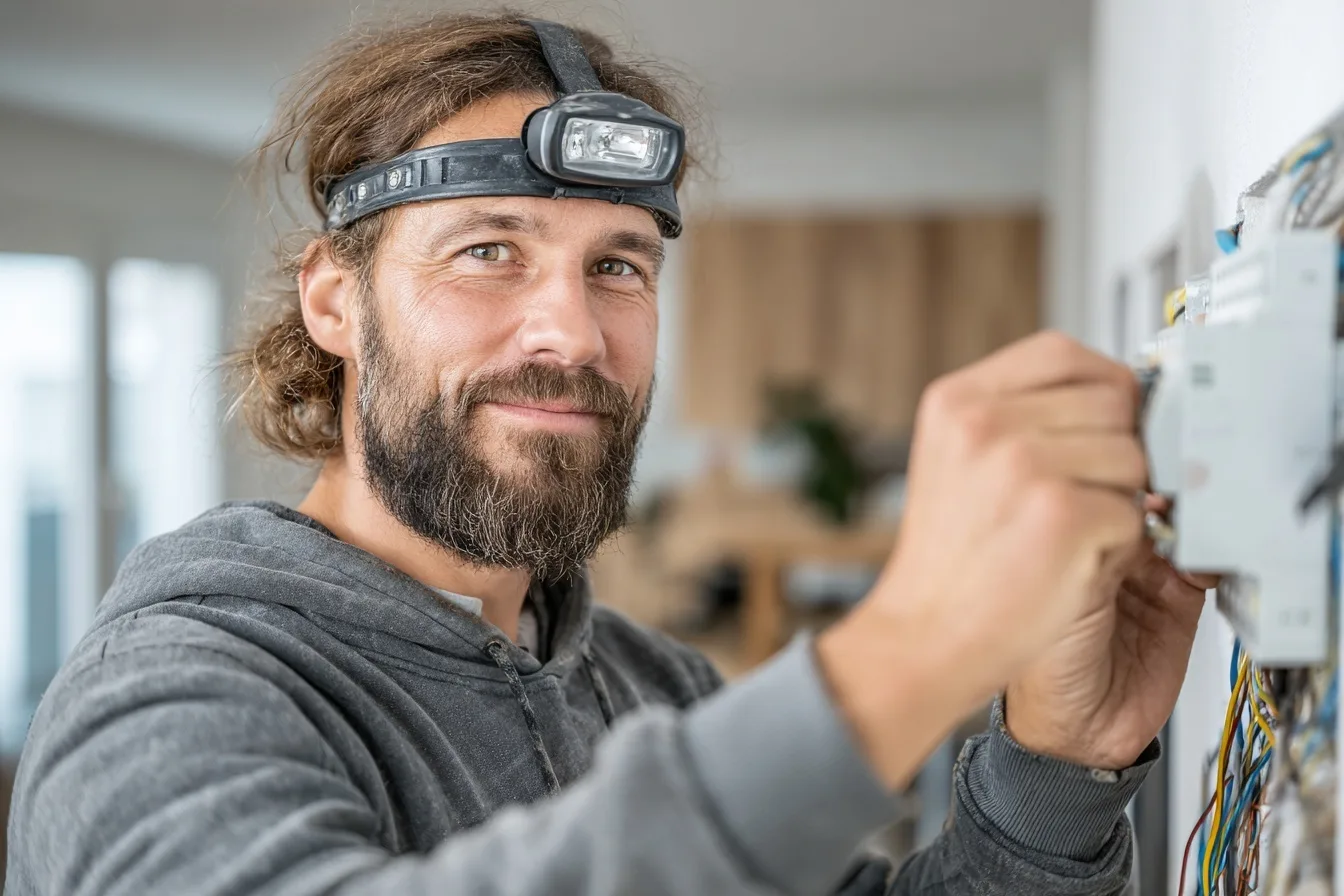 Elektriker installerar ledningar i modernt svenskt kök med arbetslampa