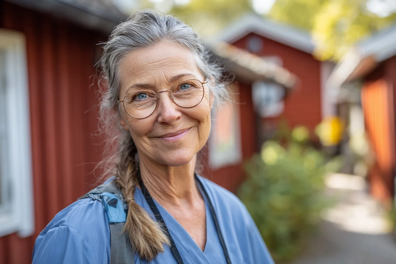 Hemtjänstpersonal ankommer till äldreboende i svenskt bostadsområde