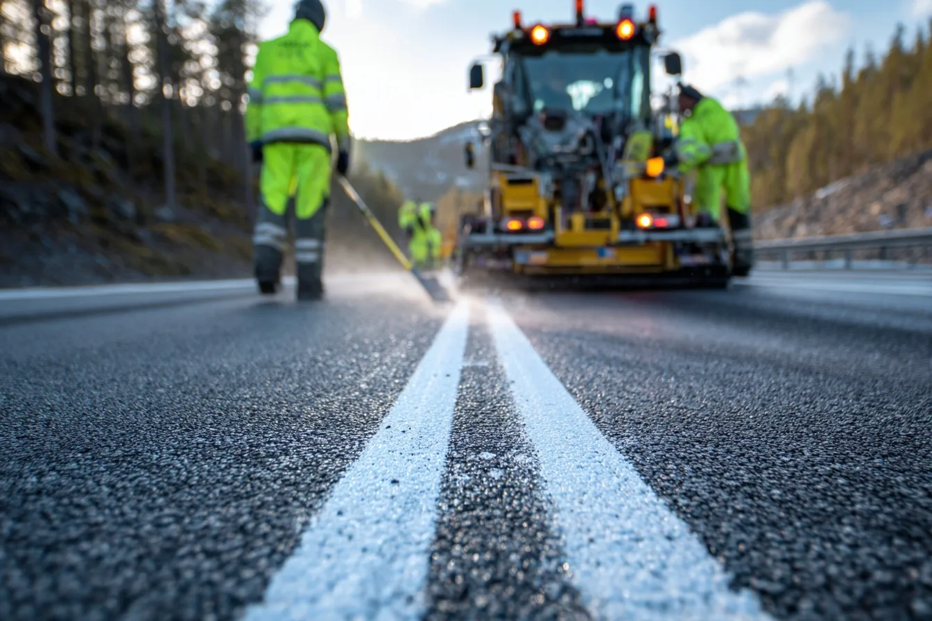 Vägmarkeringsteam målar väglinjer på svensk motorväg i gryningsljus